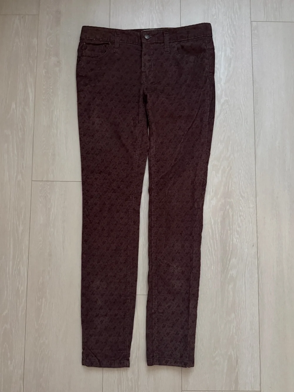 Free People Dark Brown Corduroy Burgundy Floral-Textured Skinny Chinos
